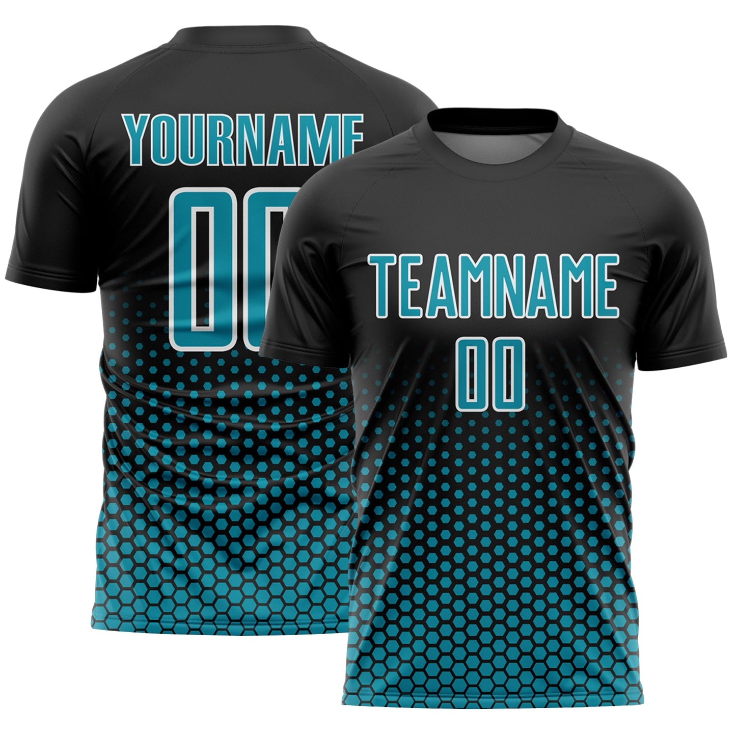 Custom Black Teal-White Geometric Hexagonal Dot Gradient Sublimation Soccer Uniform Jersey - Main View