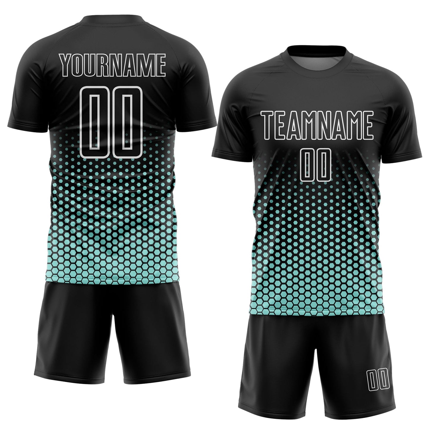 Custom Black Ice Blue-White Geometric Hexagonal Dot Gradient Sublimation Soccer Uniform Jersey view 2