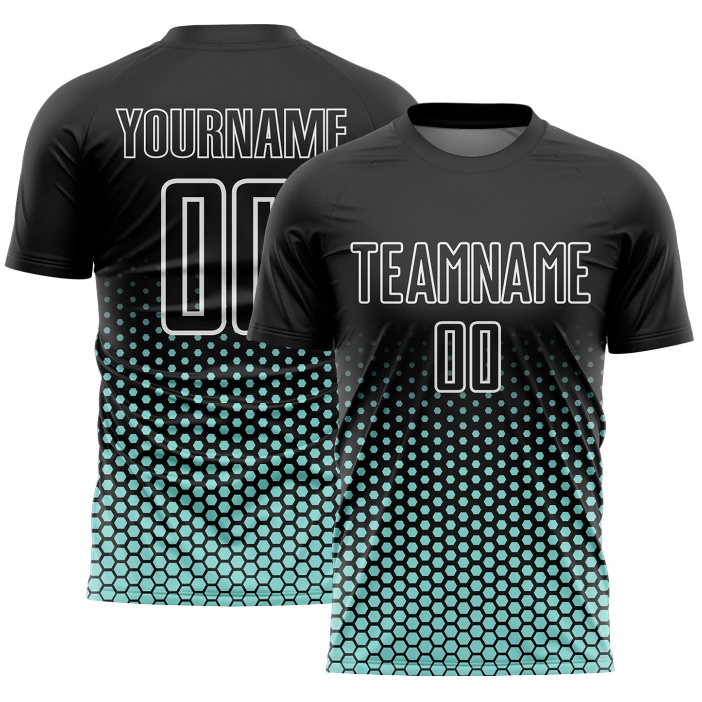 Custom Black Ice Blue-White Geometric Hexagonal Dot Gradient Sublimation Soccer Uniform Jersey - Main View