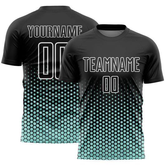 Custom Black Ice Blue-White Geometric Hexagonal Dot Gradient Sublimation Soccer Uniform Jersey - Main View