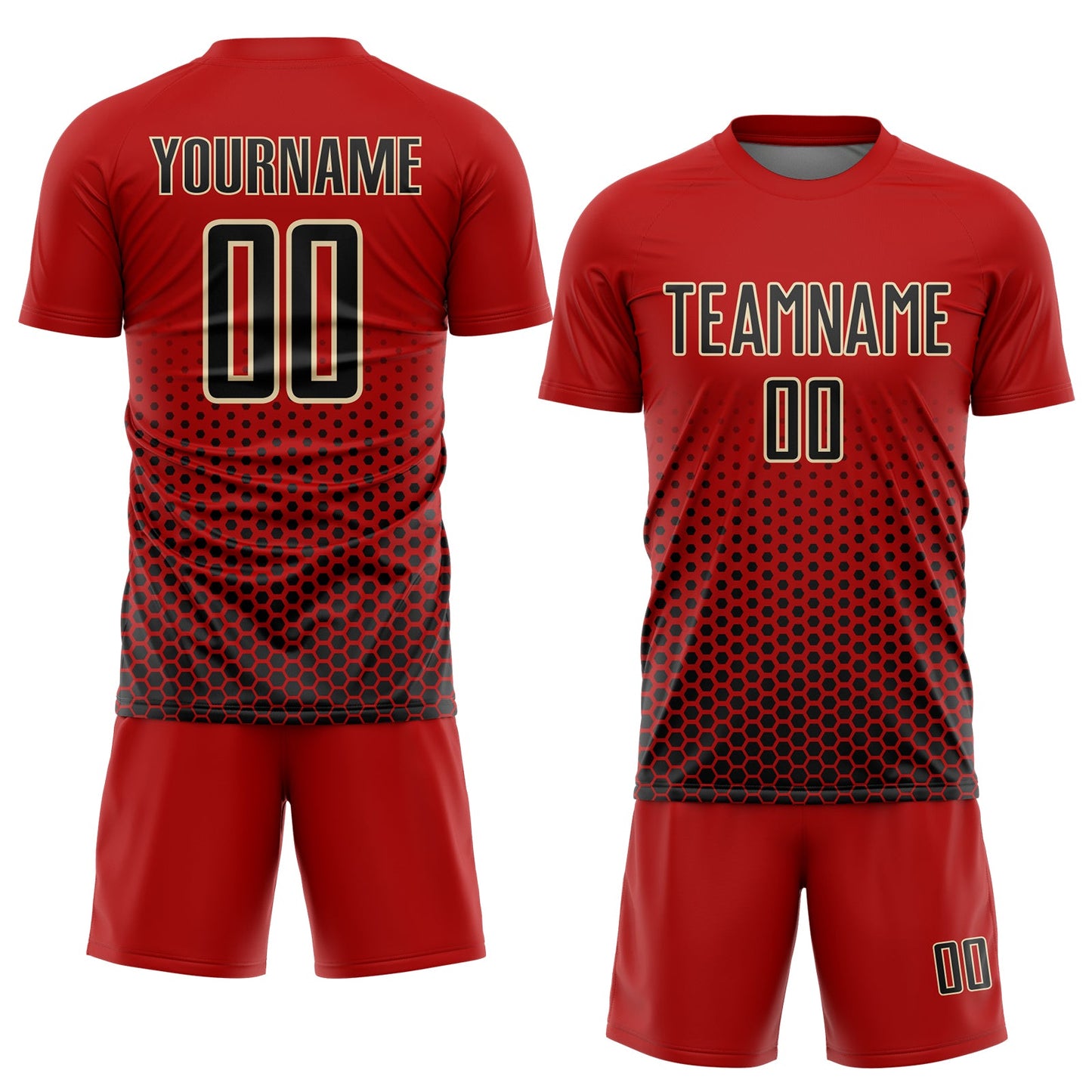 Custom Red Black-Cream Geometric Hexagonal Dot Gradient Sublimation Soccer Uniform Jersey view 2