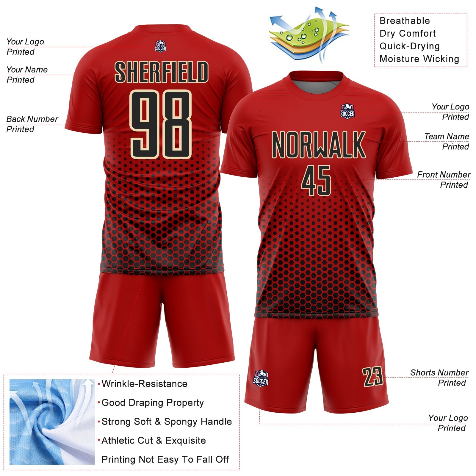 Custom Red Black-Cream Geometric Hexagonal Dot Gradient Sublimation Soccer Uniform Jersey view 4