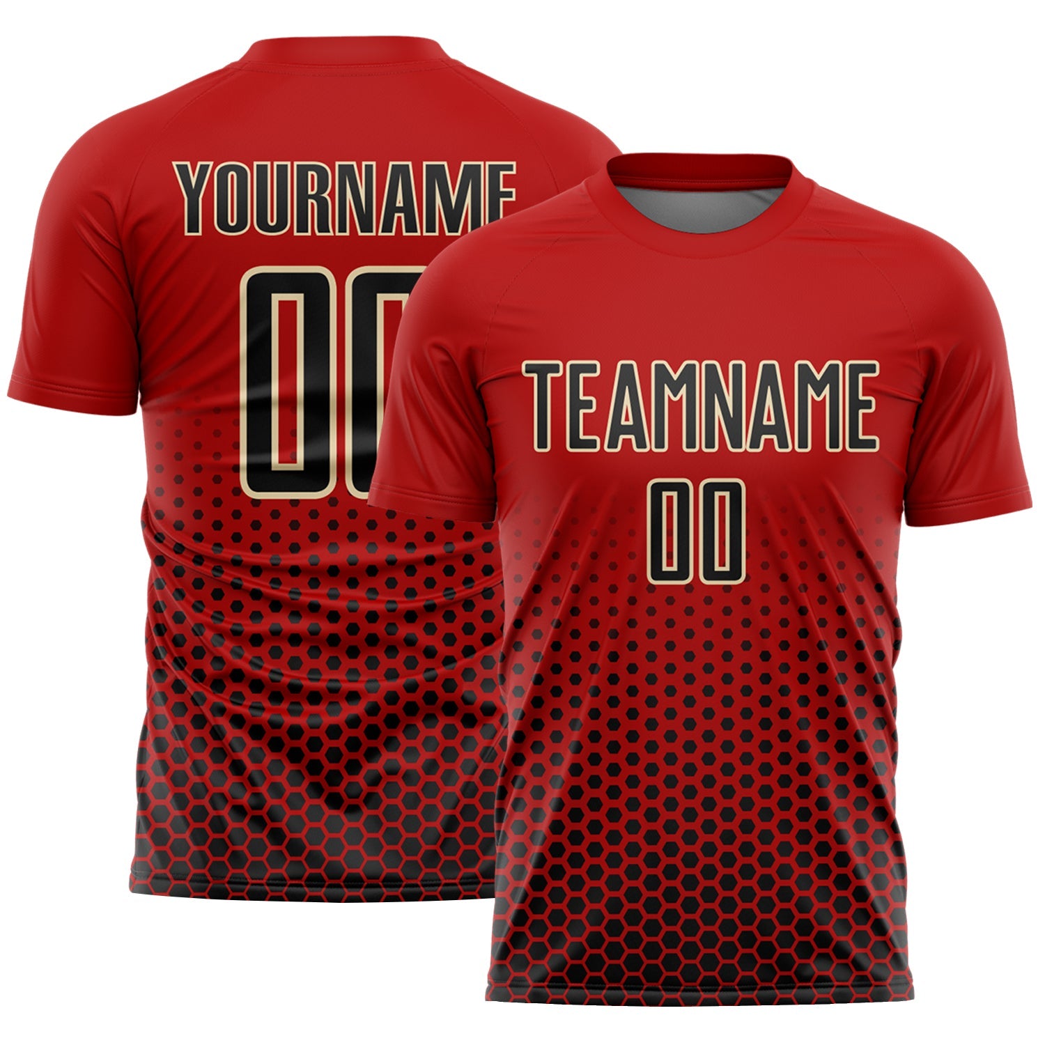 Custom Red Black-Cream Geometric Hexagonal Dot Gradient Sublimation Soccer Uniform Jersey - Main View