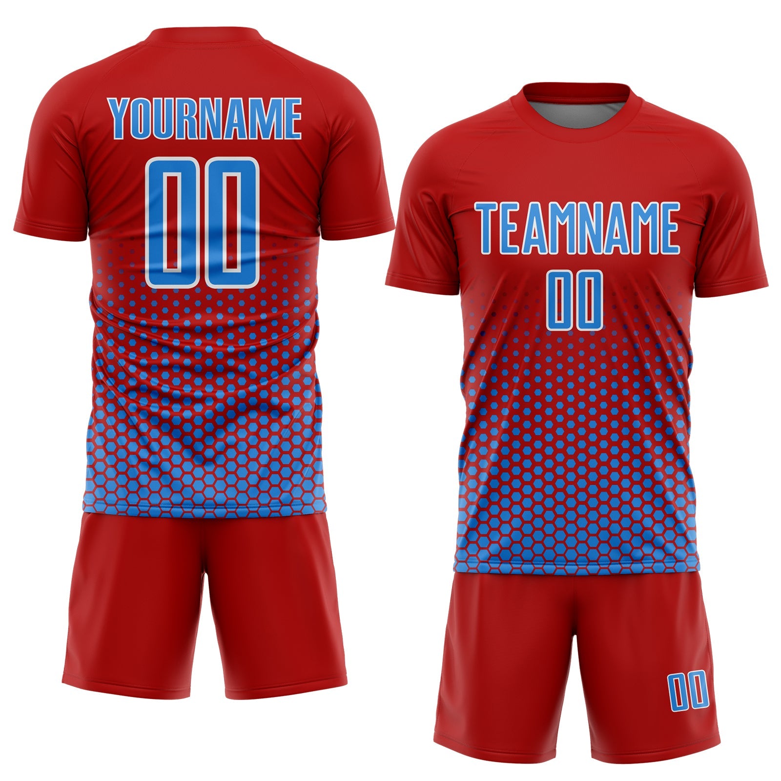 Custom Red Powder Blue-White Geometric Hexagonal Dot Gradient Sublimation Soccer Uniform Jersey view 2