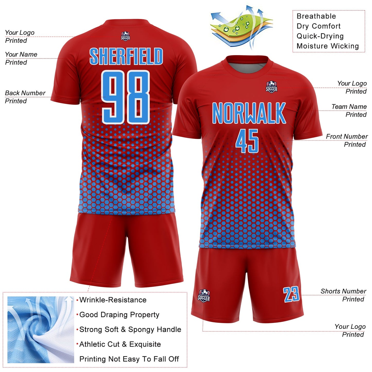 Custom Red Powder Blue-White Geometric Hexagonal Dot Gradient Sublimation Soccer Uniform Jersey view 4