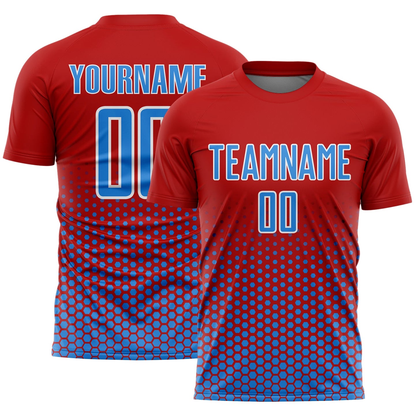 Custom Red Powder Blue-White Geometric Hexagonal Dot Gradient Sublimation Soccer Uniform Jersey - Main View