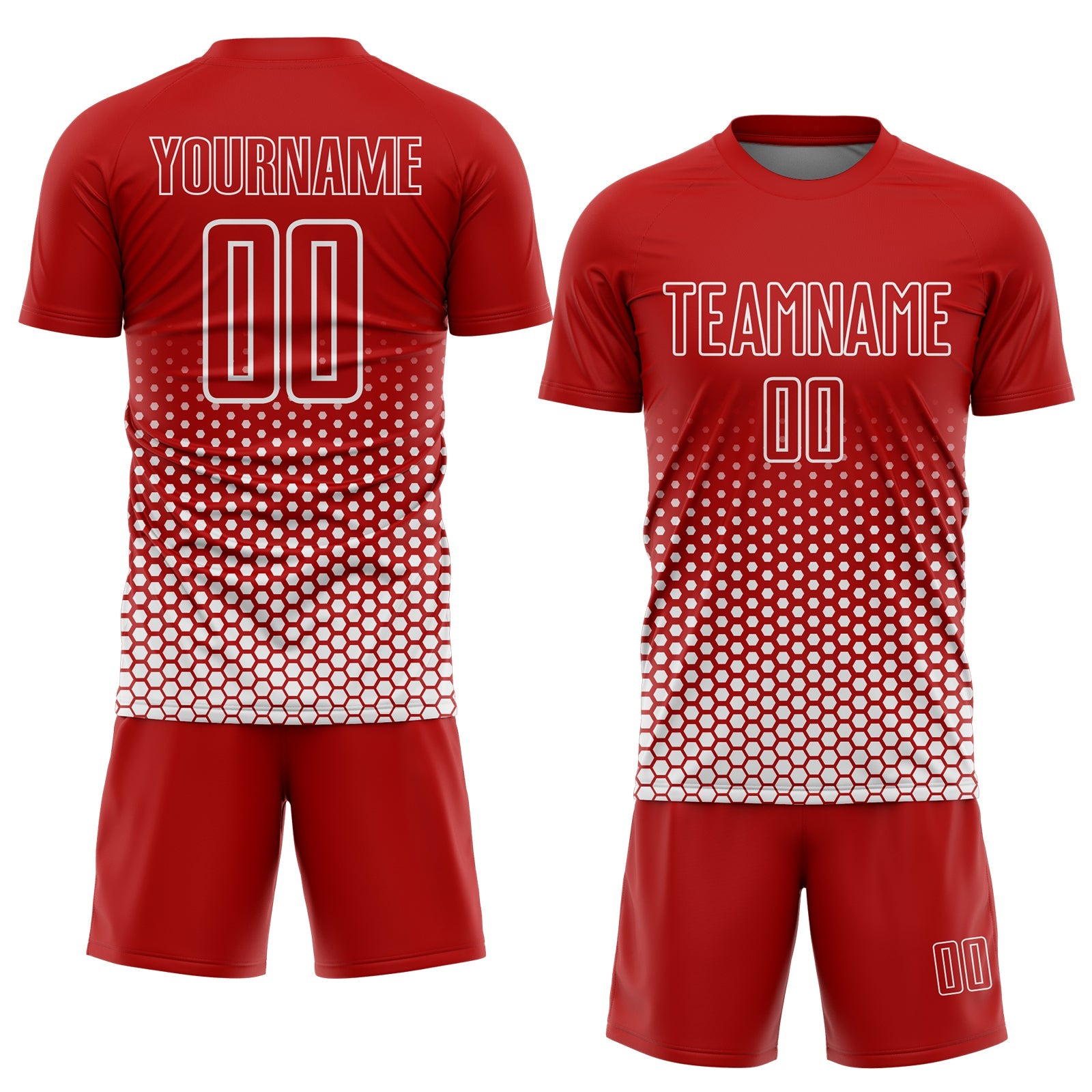 Custom Red-White Geometric Hexagonal Dot Gradient Sublimation Soccer Uniform Jersey view 2