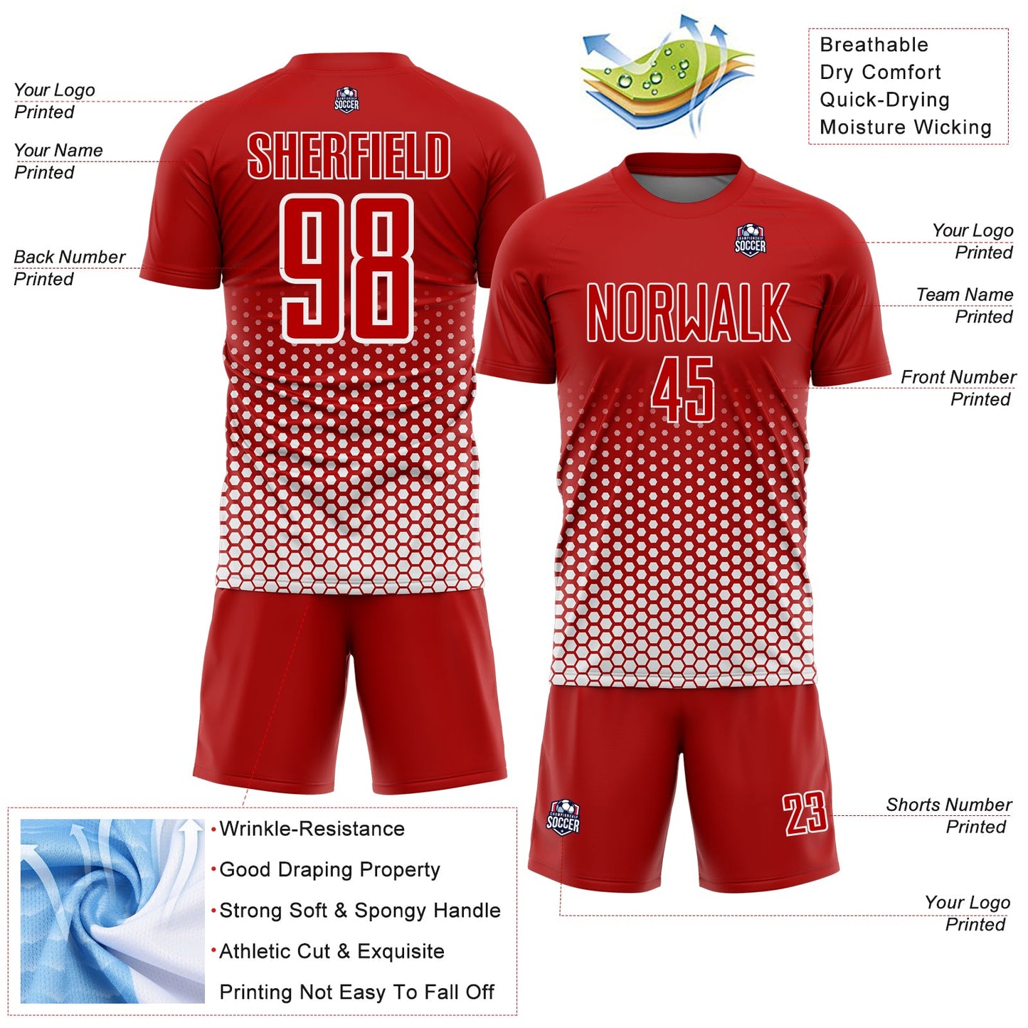 Custom Red-White Geometric Hexagonal Dot Gradient Sublimation Soccer Uniform Jersey view 4