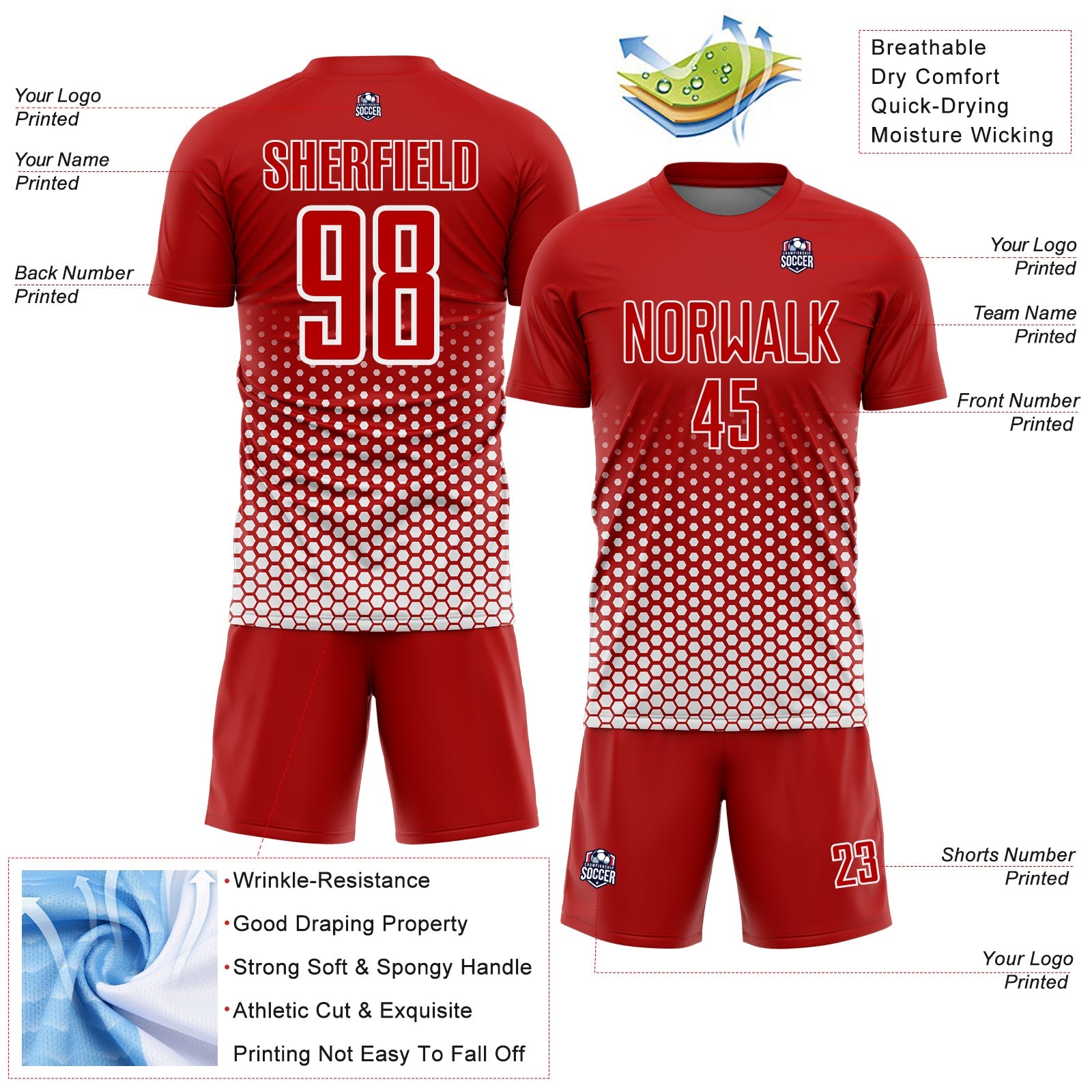Custom Red-White Geometric Hexagonal Dot Gradient Sublimation Soccer Uniform Jersey view 4