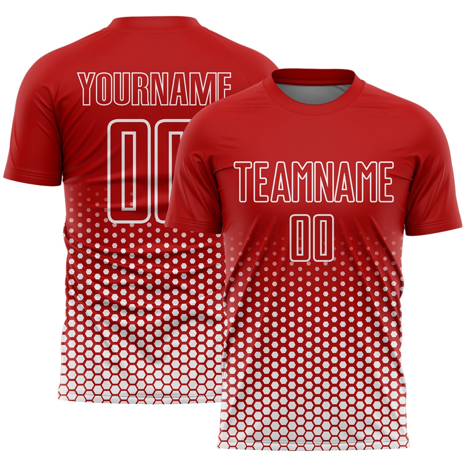 Custom Red-White Geometric Hexagonal Dot Gradient Sublimation Soccer Uniform Jersey - Main View
