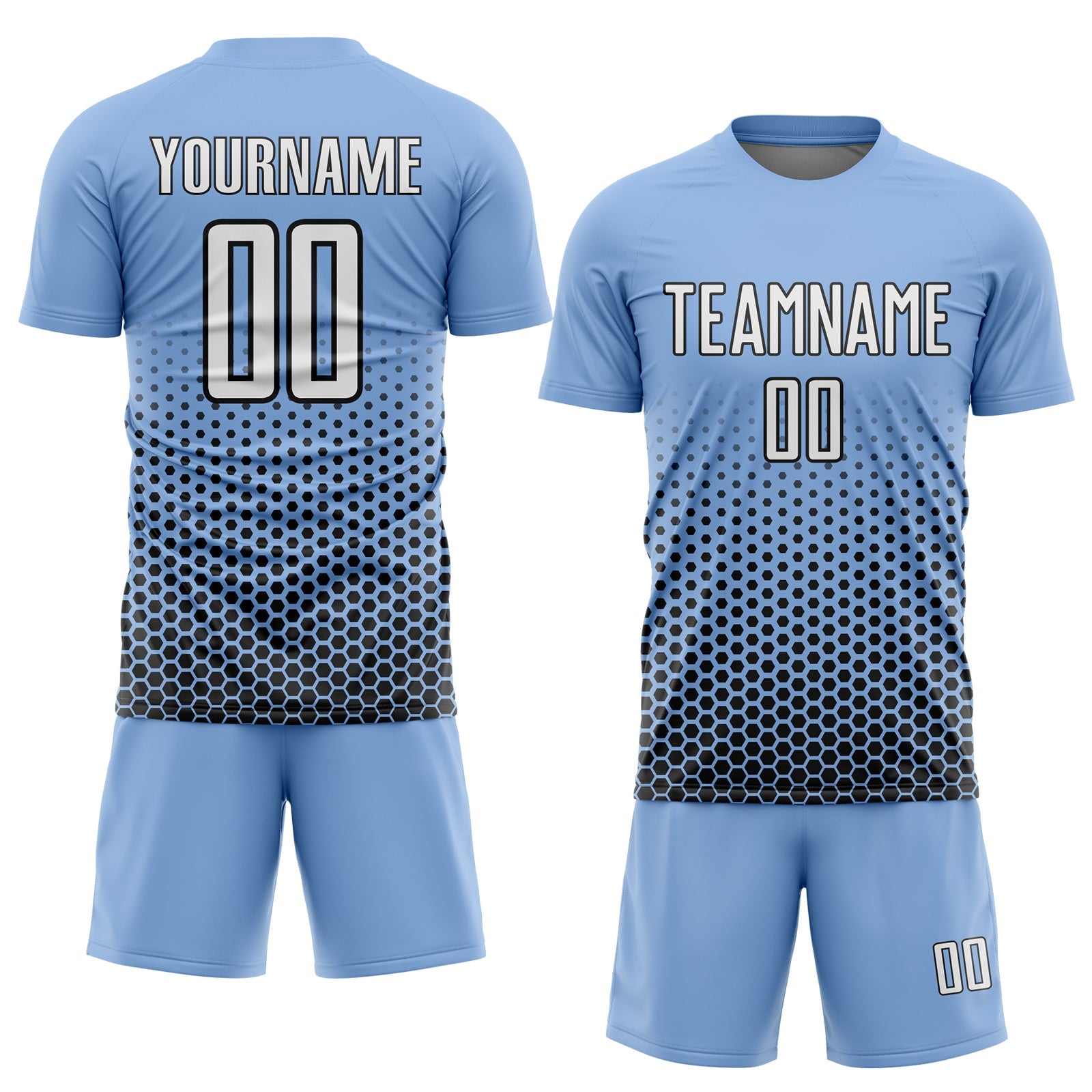 Custom Light Blue White-Black Geometric Hexagonal Dot Gradient Sublimation Soccer Uniform Jersey view 2
