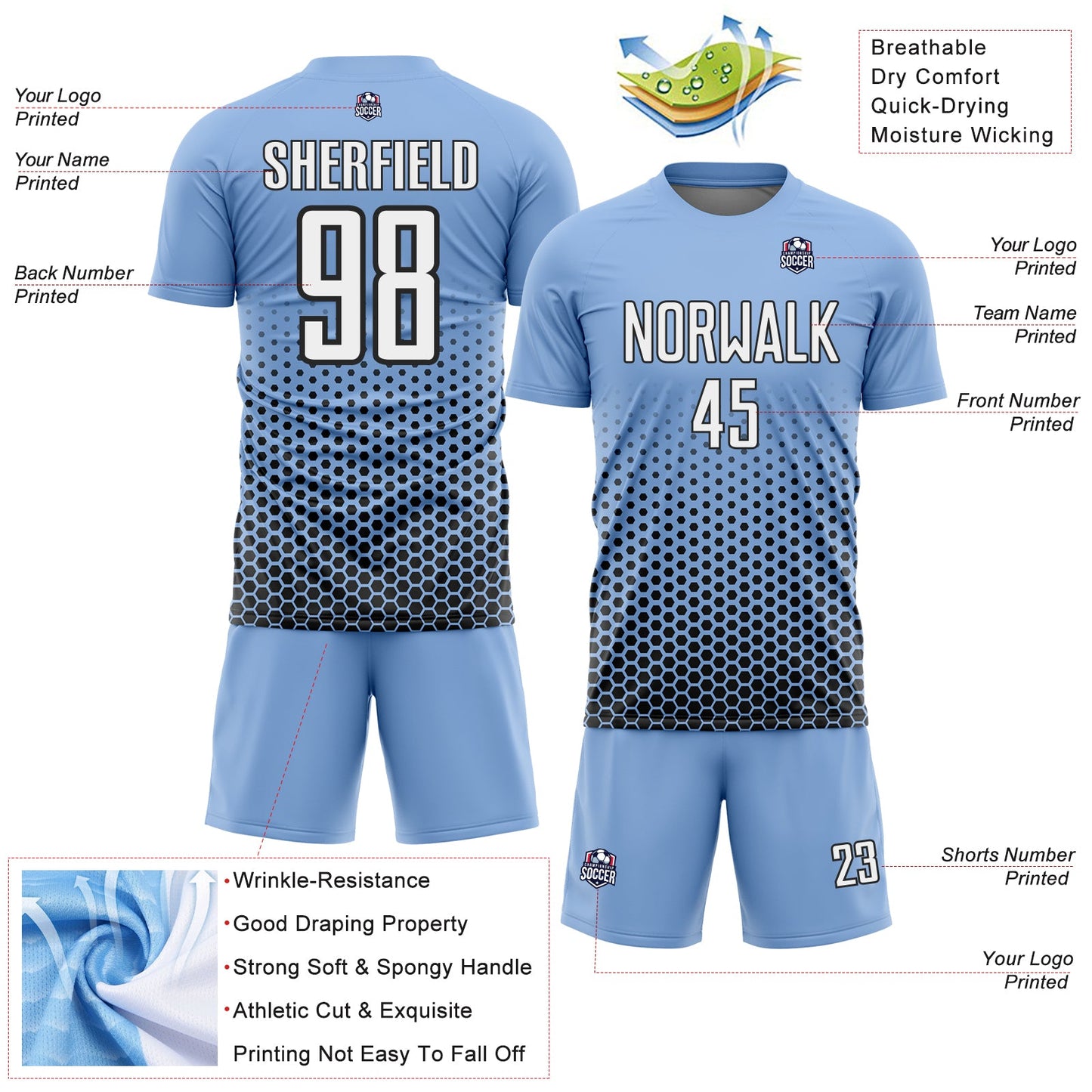 Custom Light Blue White-Black Geometric Hexagonal Dot Gradient Sublimation Soccer Uniform Jersey view 4