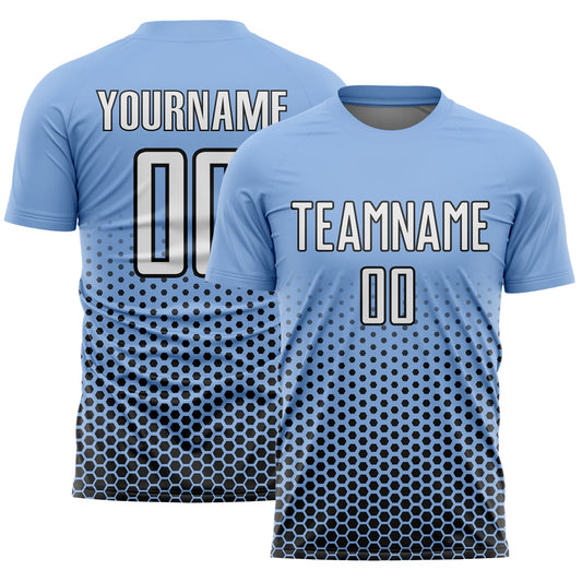 Custom Light Blue White-Black Geometric Hexagonal Dot Gradient Sublimation Soccer Uniform Jersey - Main View