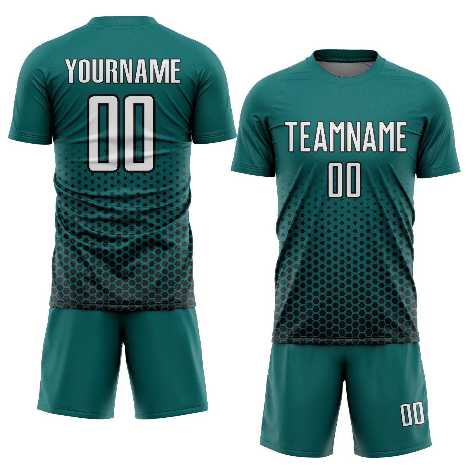 Custom Teal White-Black Geometric Hexagonal Dot Gradient Sublimation Soccer Uniform Jersey view 2