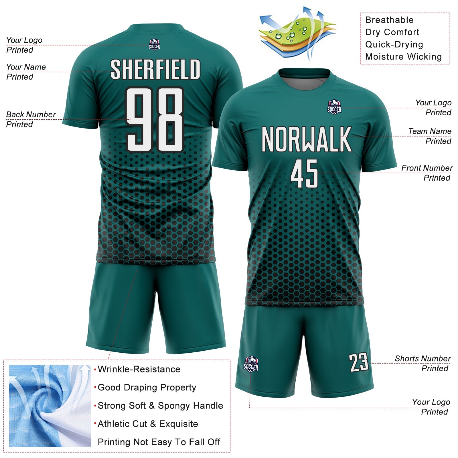 Custom Teal White-Black Geometric Hexagonal Dot Gradient Sublimation Soccer Uniform Jersey view 4