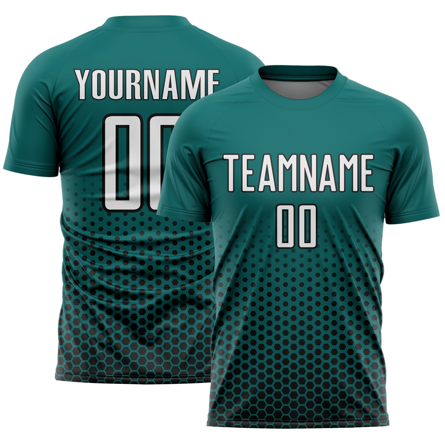 Custom Teal White-Black Geometric Hexagonal Dot Gradient Sublimation Soccer Uniform Jersey - Main View