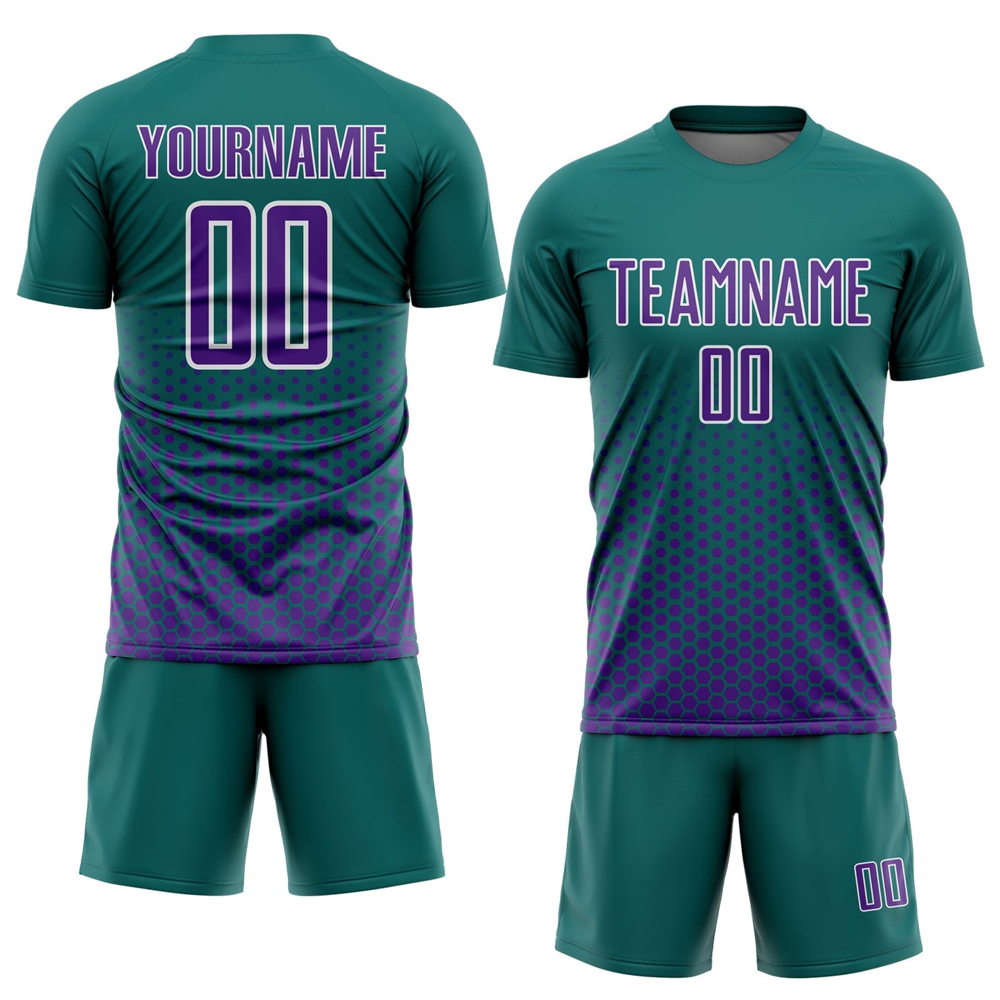 Custom Teal Purple-White Geometric Hexagonal Dot Gradient Sublimation Soccer Uniform Jersey view 2