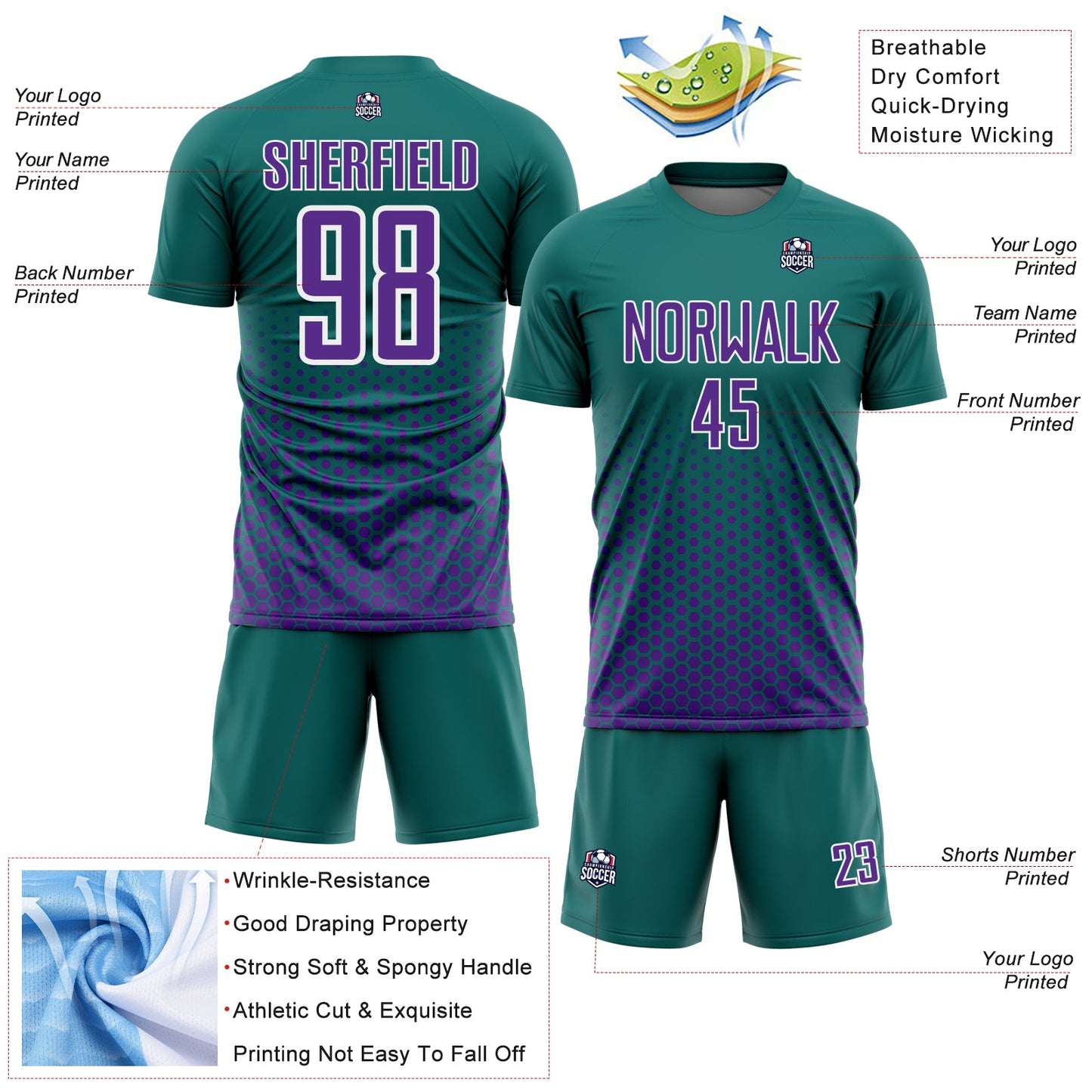 Custom Teal Purple-White Geometric Hexagonal Dot Gradient Sublimation Soccer Uniform Jersey view 4