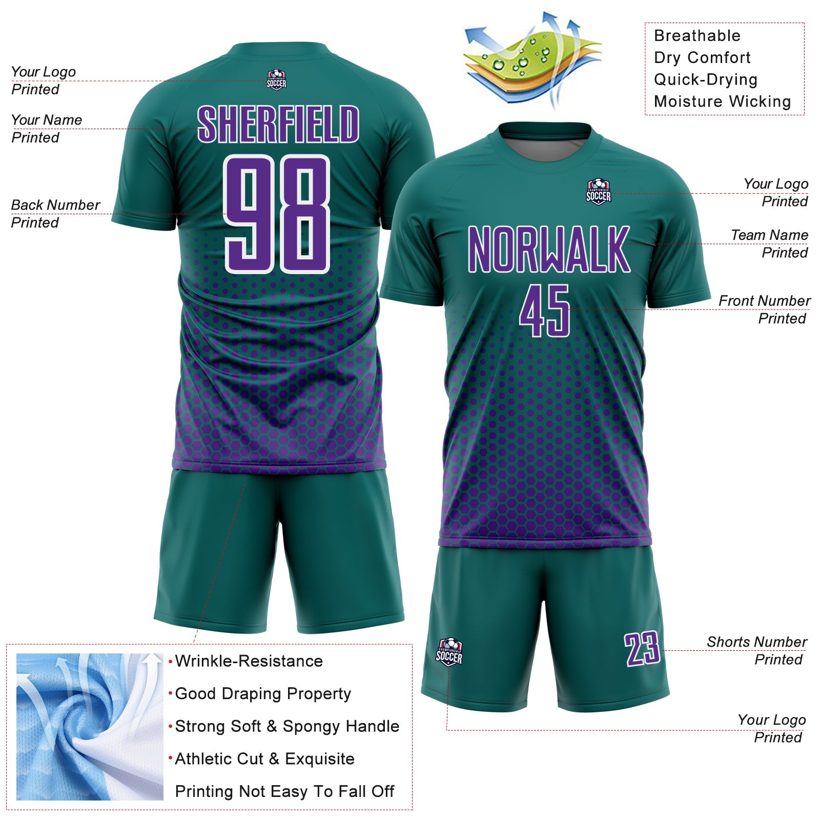 Custom Teal Purple-White Geometric Hexagonal Dot Gradient Sublimation Soccer Uniform Jersey view 4