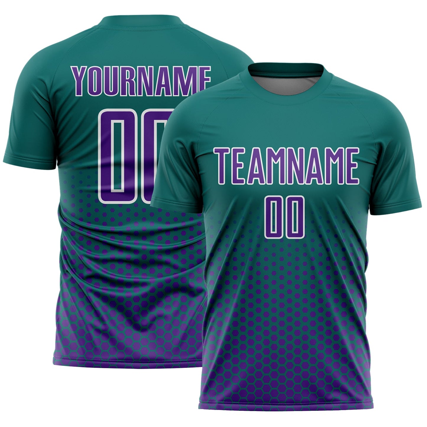 Custom Teal Purple-White Geometric Hexagonal Dot Gradient Sublimation Soccer Uniform Jersey - Main View