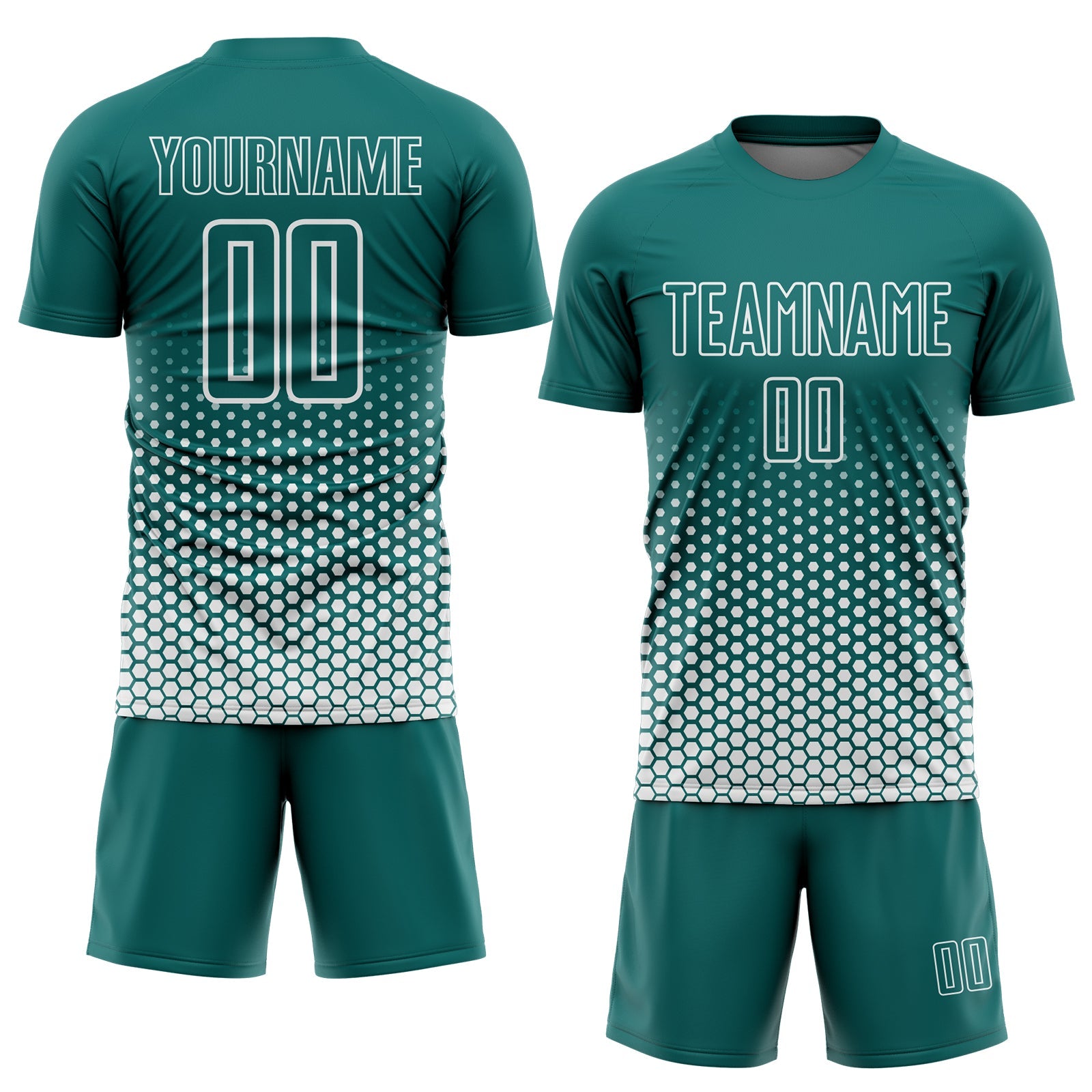 Custom Teal-White Geometric Hexagonal Dot Gradient Sublimation Soccer Uniform Jersey view 2