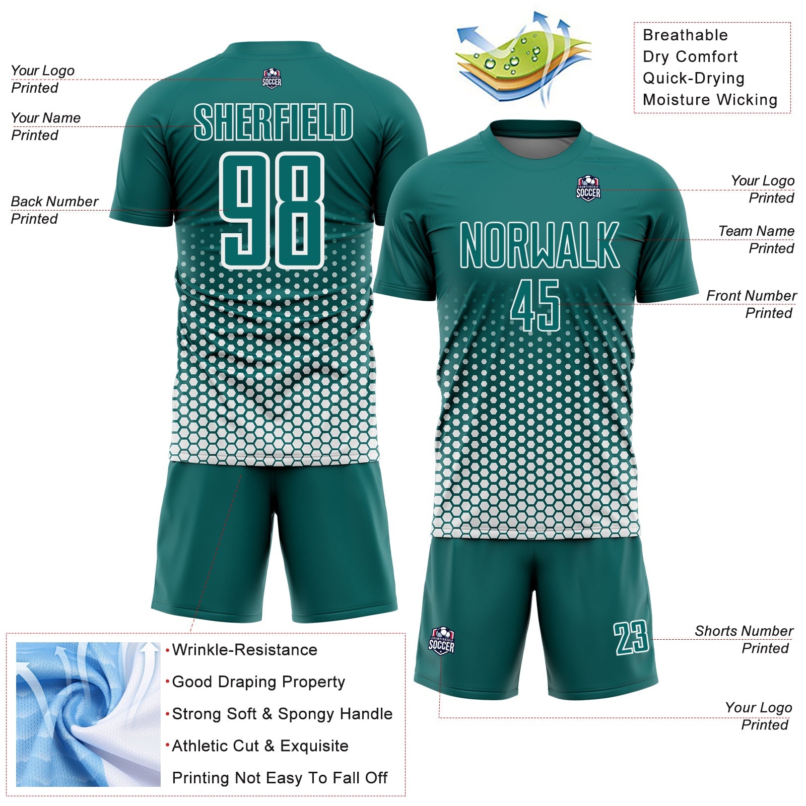 Custom Teal-White Geometric Hexagonal Dot Gradient Sublimation Soccer Uniform Jersey view 4