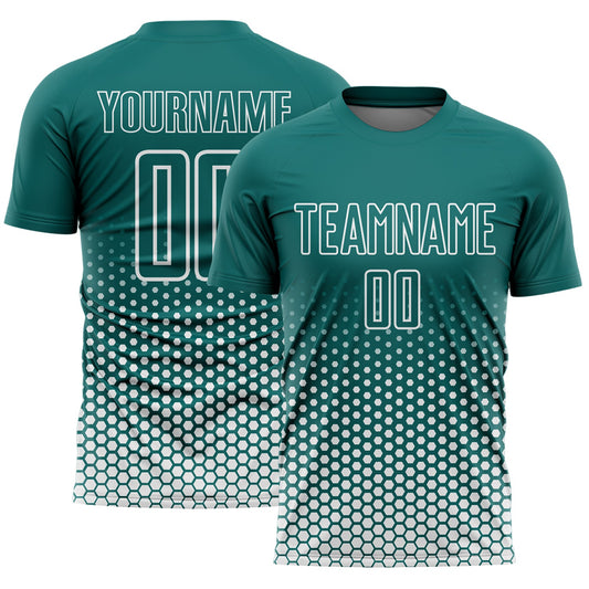 Custom Teal-White Geometric Hexagonal Dot Gradient Sublimation Soccer Uniform Jersey - Main View