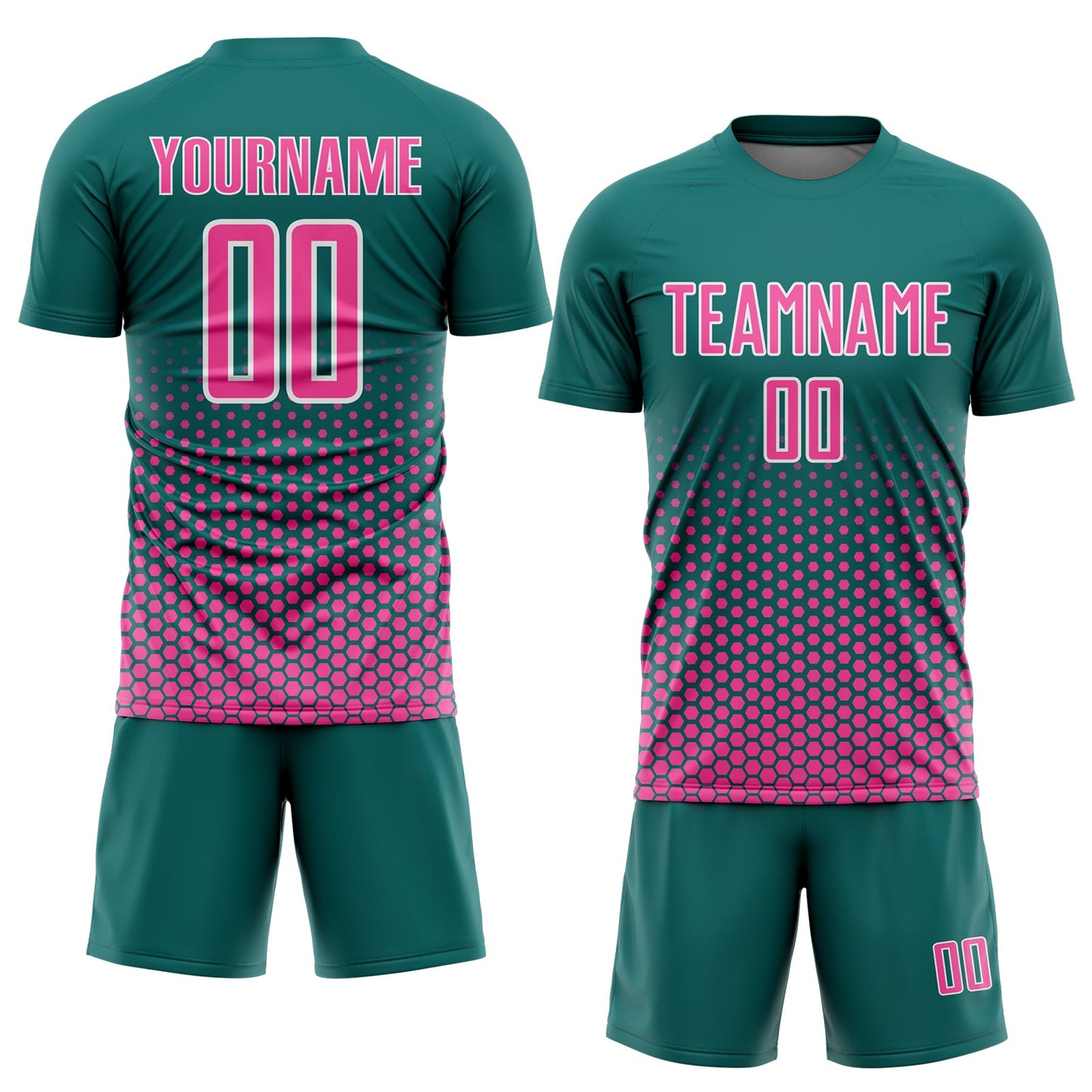 Custom Teal Pink-White Geometric Hexagonal Dot Gradient Sublimation Soccer Uniform Jersey view 2