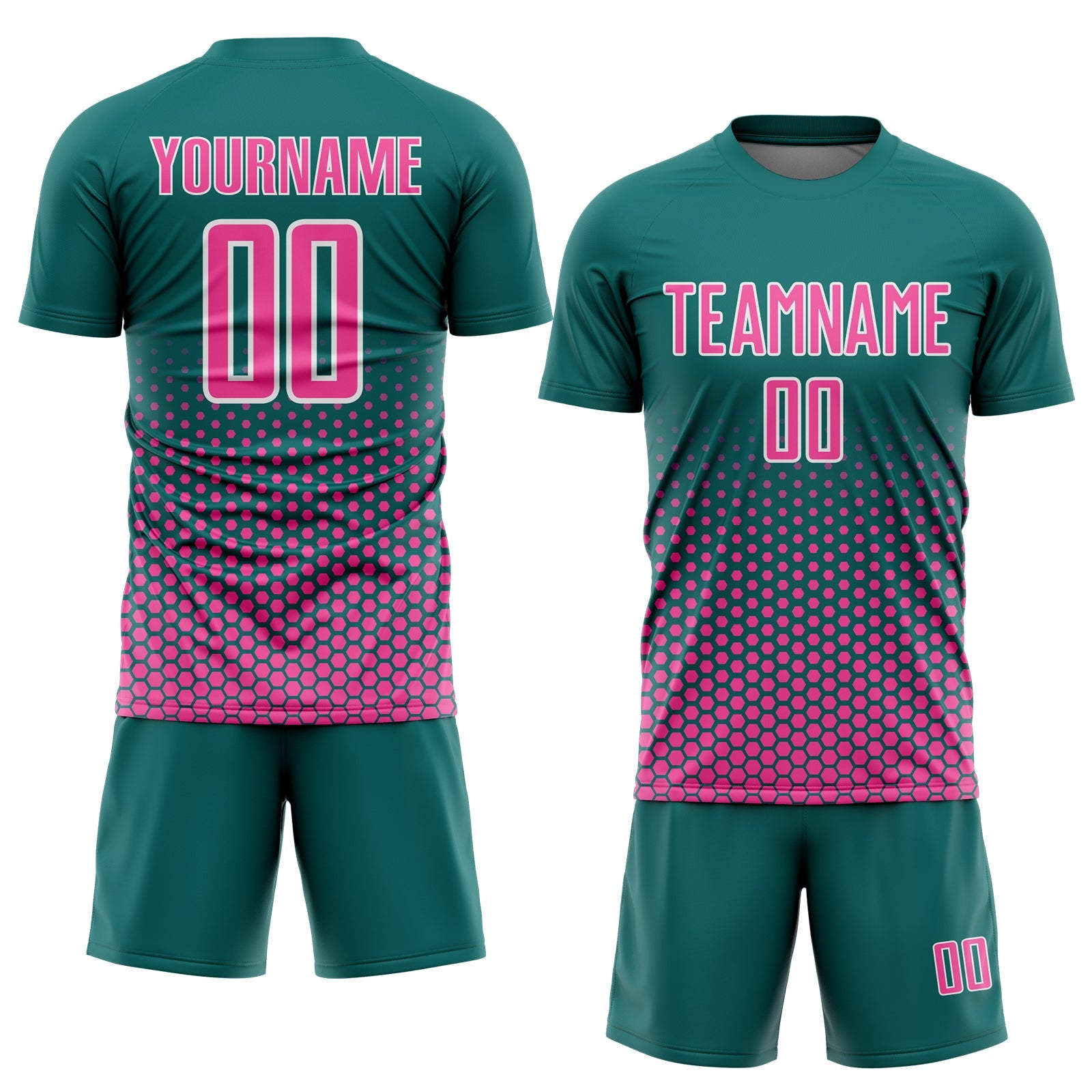 Custom Teal Pink-White Geometric Hexagonal Dot Gradient Sublimation Soccer Uniform Jersey view 2