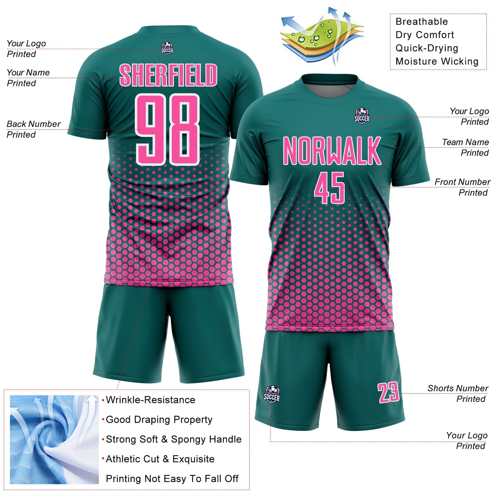 Custom Teal Pink-White Geometric Hexagonal Dot Gradient Sublimation Soccer Uniform Jersey view 4