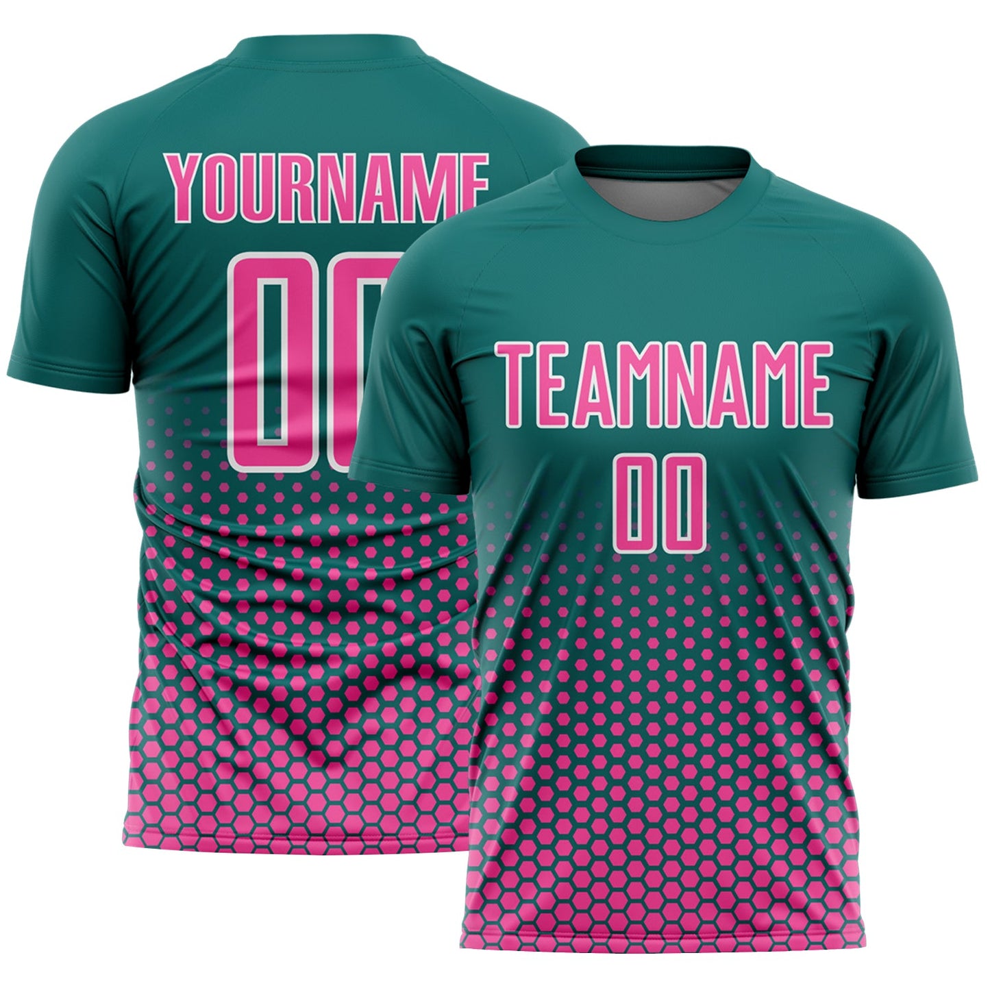 Custom Teal Pink-White Geometric Hexagonal Dot Gradient Sublimation Soccer Uniform Jersey - Main View