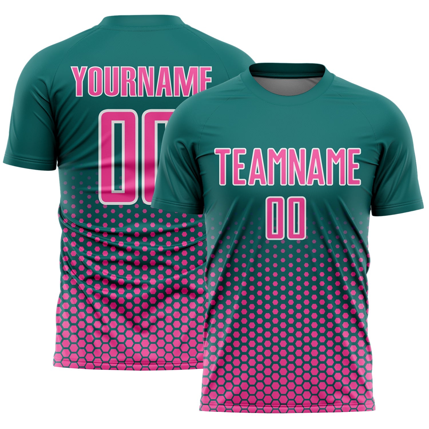 Custom Teal Pink-White Geometric Hexagonal Dot Gradient Sublimation Soccer Uniform Jersey - Main View