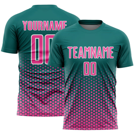 Custom Teal Pink-White Geometric Hexagonal Dot Gradient Sublimation Soccer Uniform Jersey - Main View