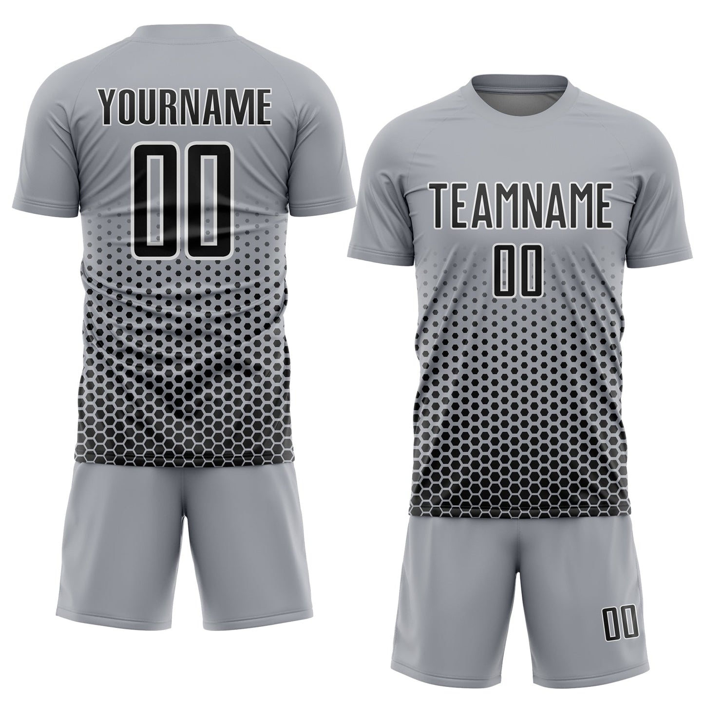 Custom Gray Black-White Geometric Hexagonal Dot Gradient Sublimation Soccer Uniform Jersey view 2