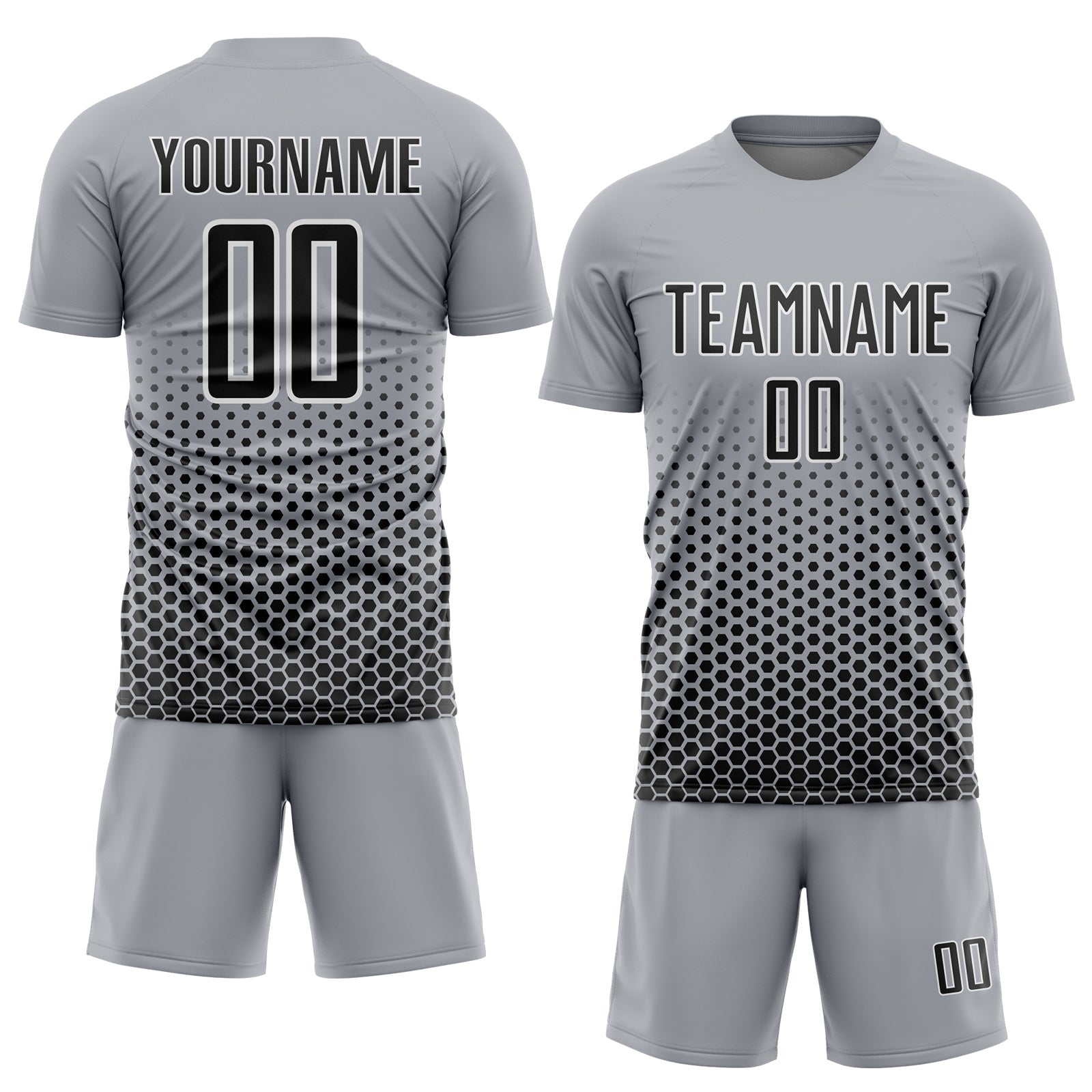 Custom Gray Black-White Geometric Hexagonal Dot Gradient Sublimation Soccer Uniform Jersey view 2