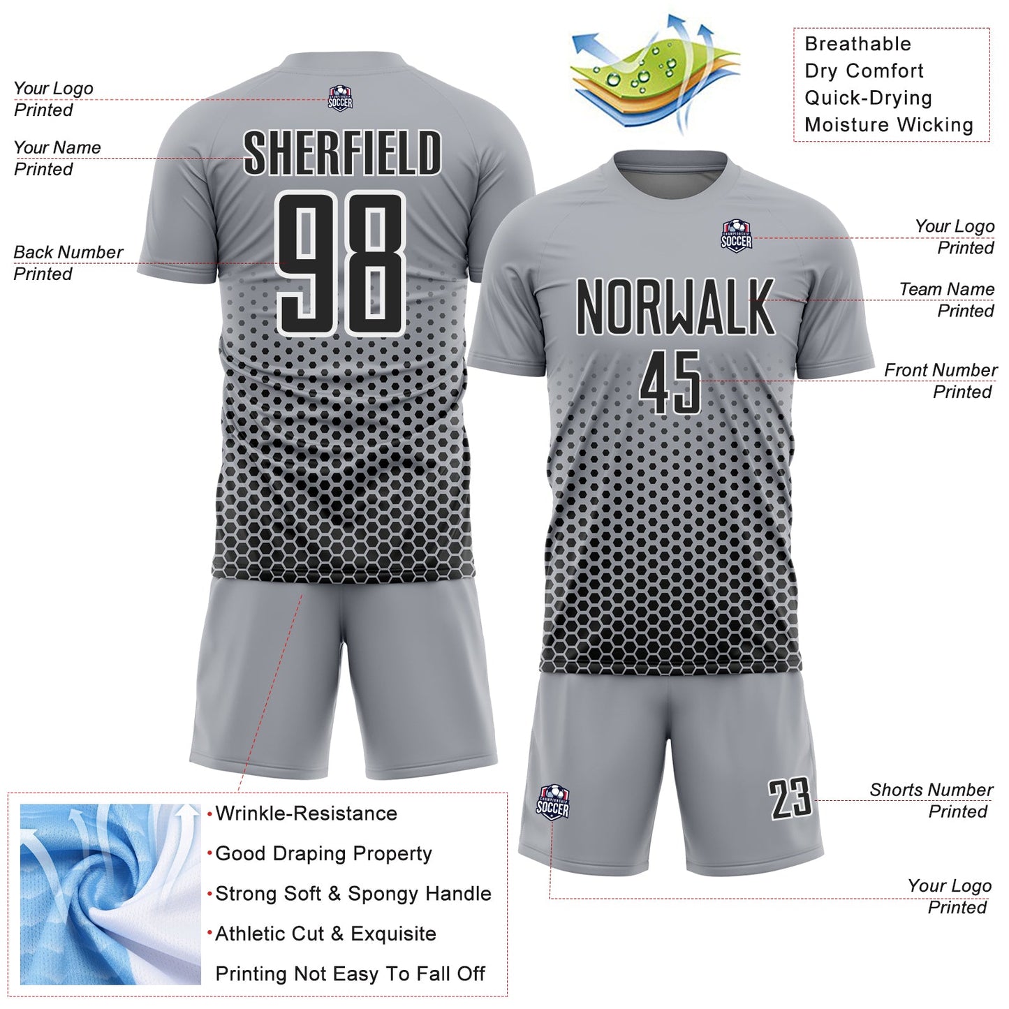 Custom Gray Black-White Geometric Hexagonal Dot Gradient Sublimation Soccer Uniform Jersey view 4
