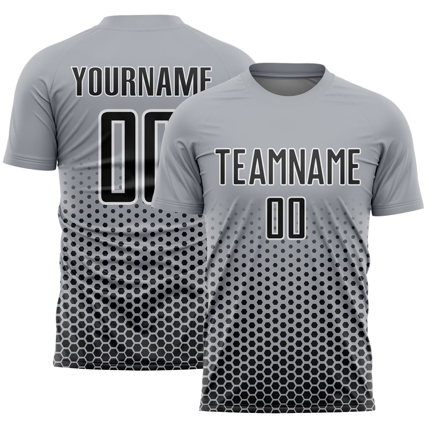 Custom Gray Black-White Geometric Hexagonal Dot Gradient Sublimation Soccer Uniform Jersey - Main View