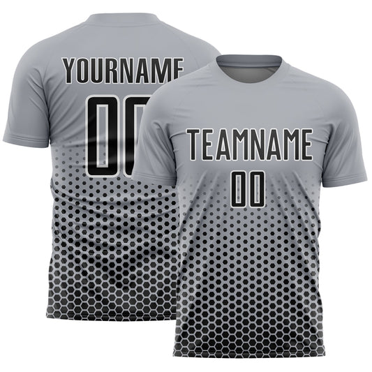 Custom Gray Black-White Geometric Hexagonal Dot Gradient Sublimation Soccer Uniform Jersey - Main View