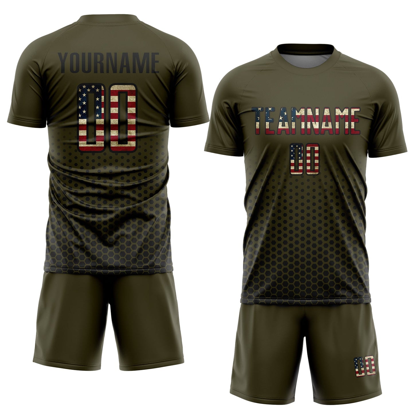 Custom Olive Vintage USA Flag-Black Geometric Hexagonal Dot Gradient Sublimation Soccer Uniform Jersey view 2