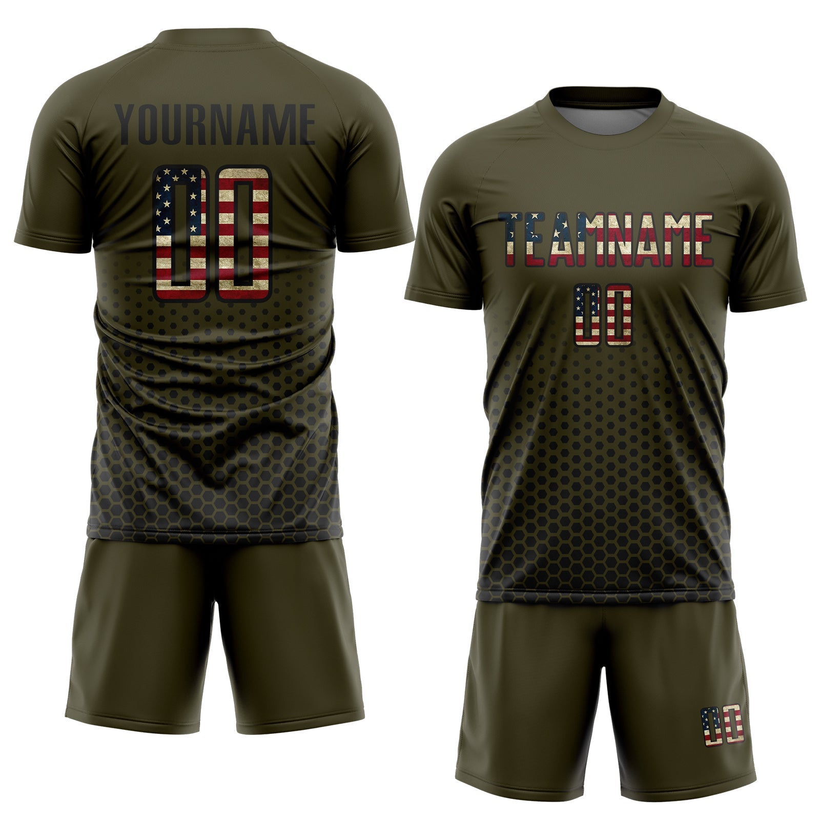 Custom Olive Vintage USA Flag-Black Geometric Hexagonal Dot Gradient Sublimation Soccer Uniform Jersey view 2