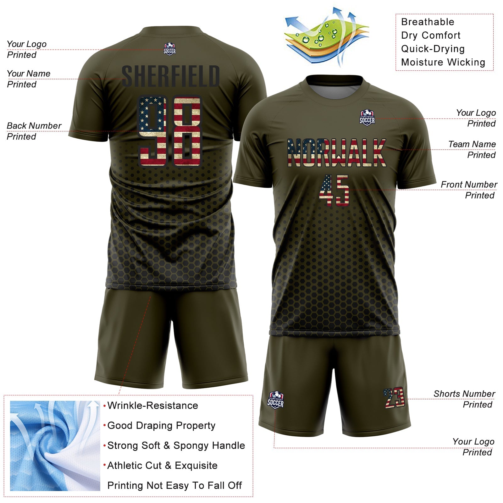 Custom Olive Vintage USA Flag-Black Geometric Hexagonal Dot Gradient Sublimation Soccer Uniform Jersey view 4