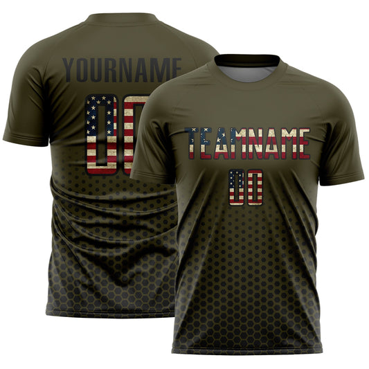 Custom Olive Vintage USA Flag-Black Geometric Hexagonal Dot Gradient Sublimation Soccer Uniform Jersey - Main View