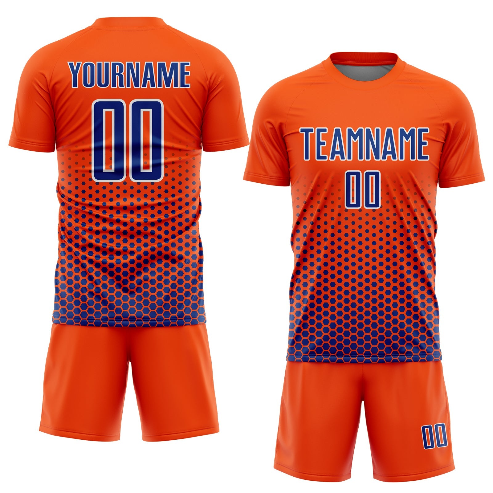 Custom Orange Royal-White Geometric Hexagonal Dot Gradient Sublimation Soccer Uniform Jersey view 2