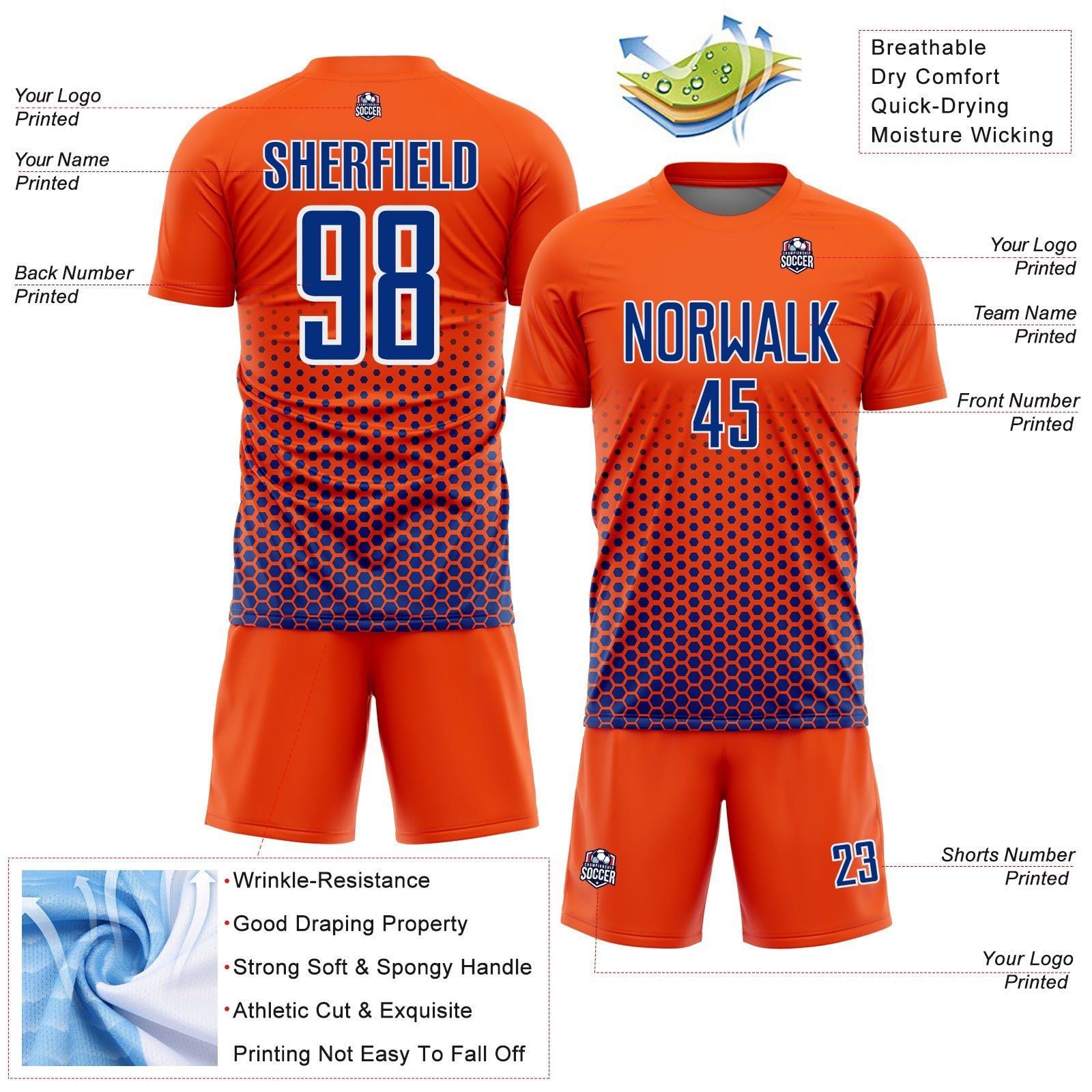 Custom Orange Royal-White Geometric Hexagonal Dot Gradient Sublimation Soccer Uniform Jersey view 4