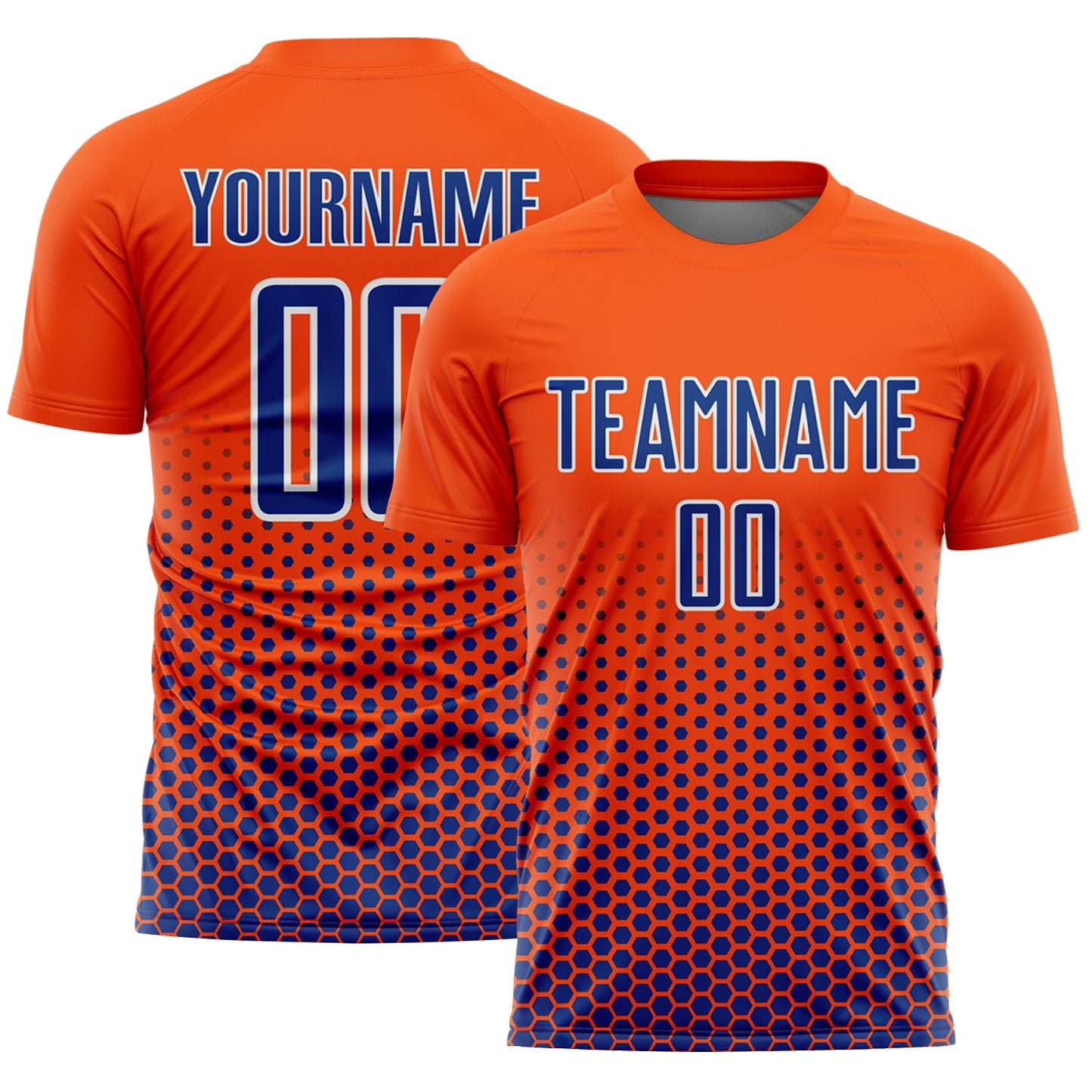 Custom Orange Royal-White Geometric Hexagonal Dot Gradient Sublimation Soccer Uniform Jersey - Main View