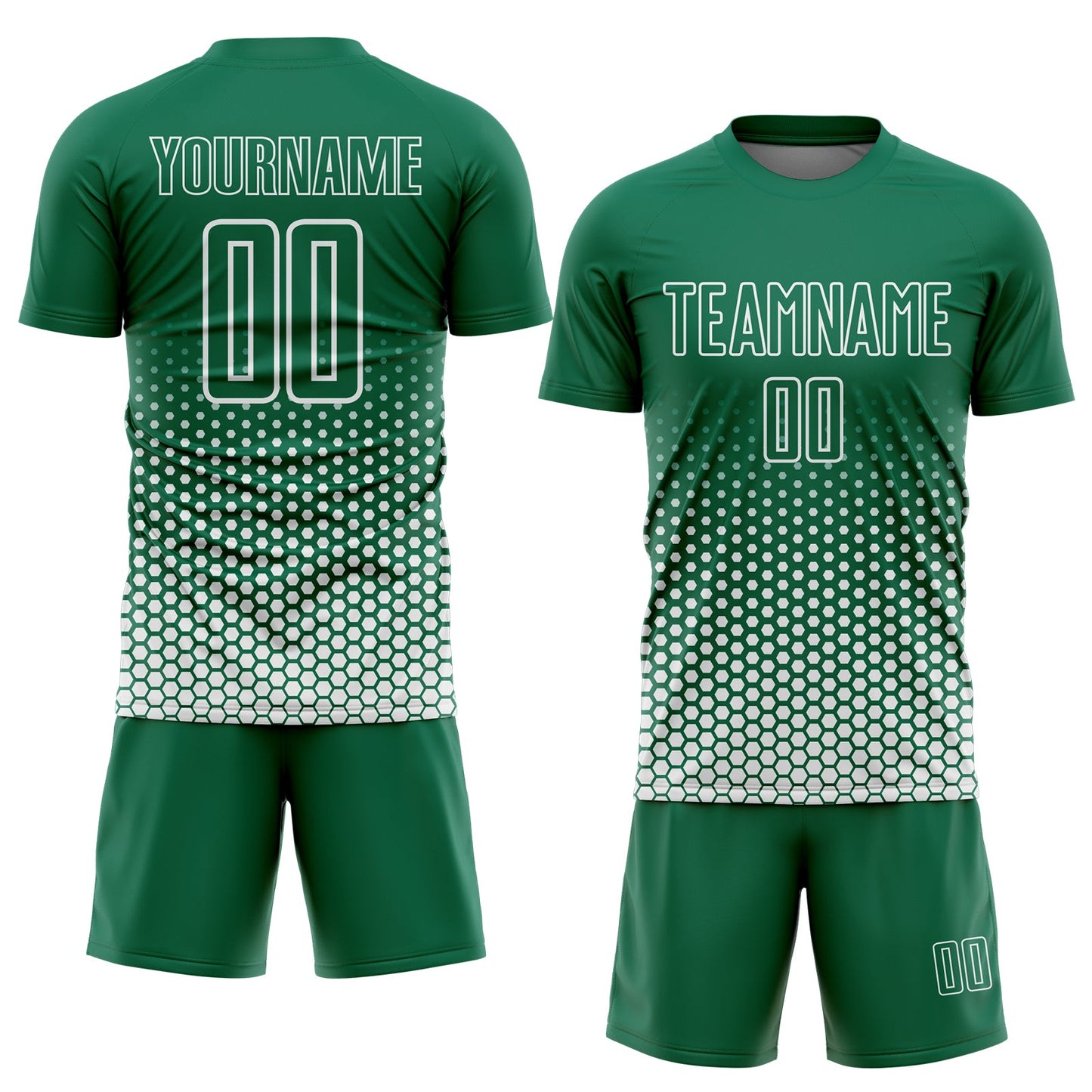 Custom Kelly Green-White Geometric Hexagonal Dot Gradient Sublimation Soccer Uniform Jersey view 2