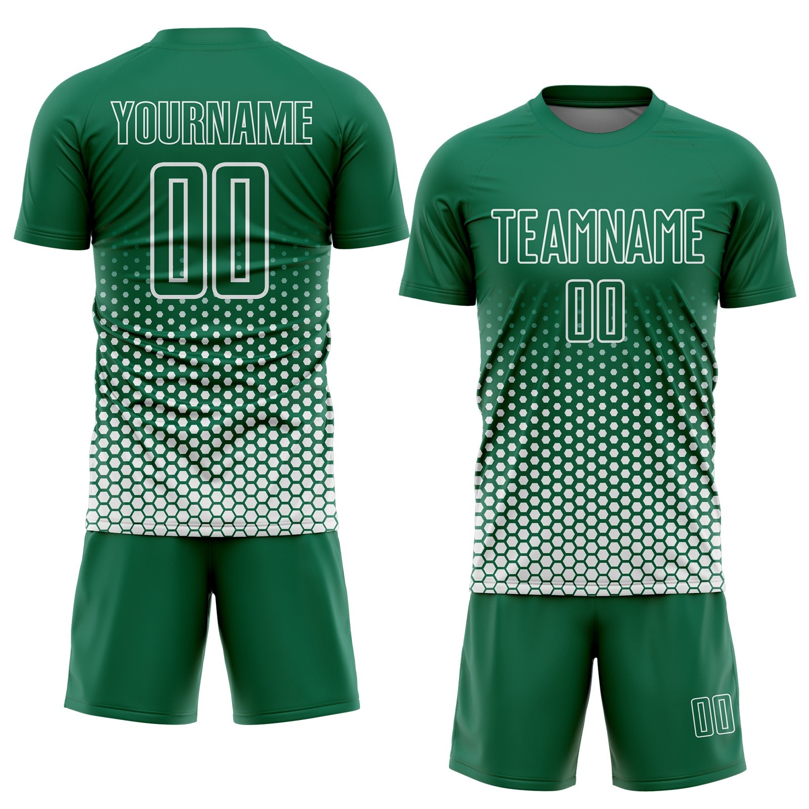 Custom Kelly Green-White Geometric Hexagonal Dot Gradient Sublimation Soccer Uniform Jersey view 2