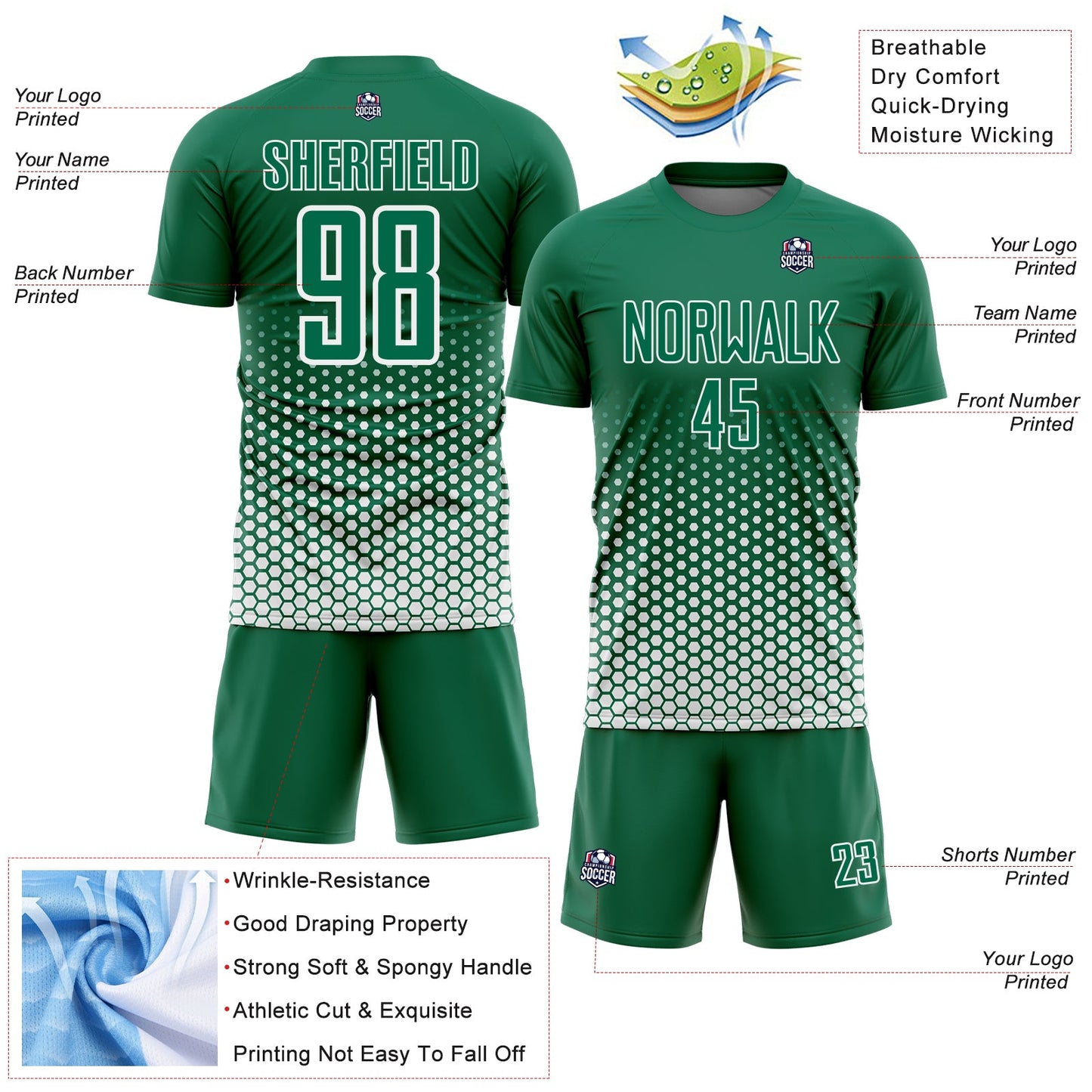 Custom Kelly Green-White Geometric Hexagonal Dot Gradient Sublimation Soccer Uniform Jersey view 4