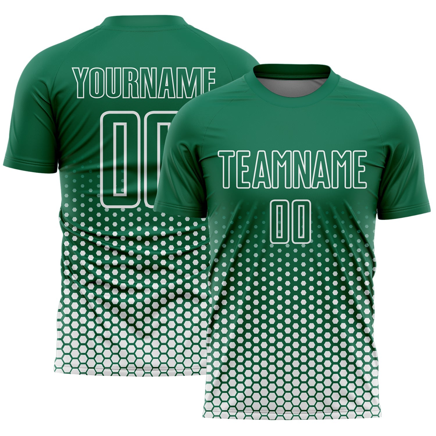 Custom Kelly Green-White Geometric Hexagonal Dot Gradient Sublimation Soccer Uniform Jersey - Main View