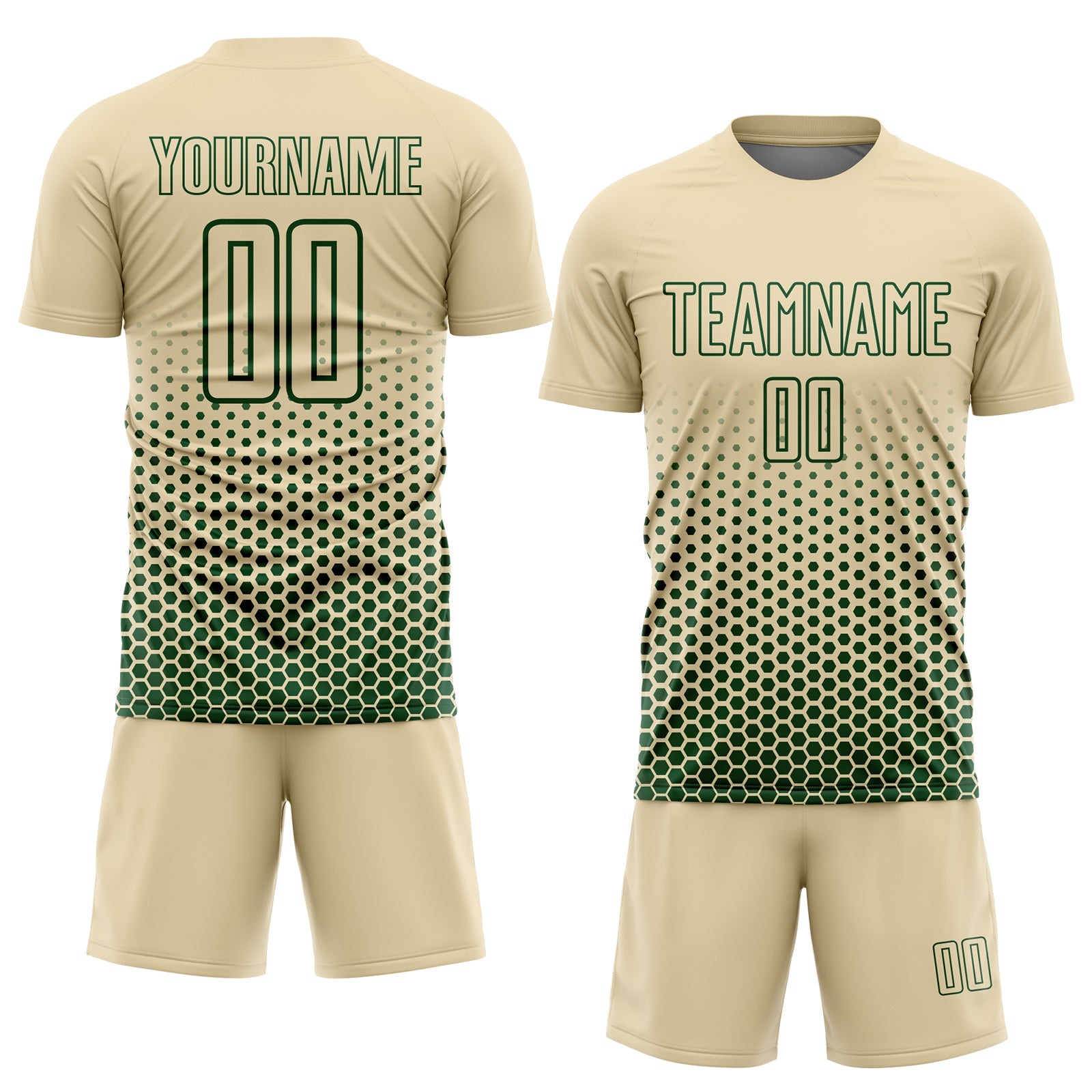 Custom Cream-Green Geometric Hexagonal Dot Gradient Sublimation Soccer Uniform Jersey view 2